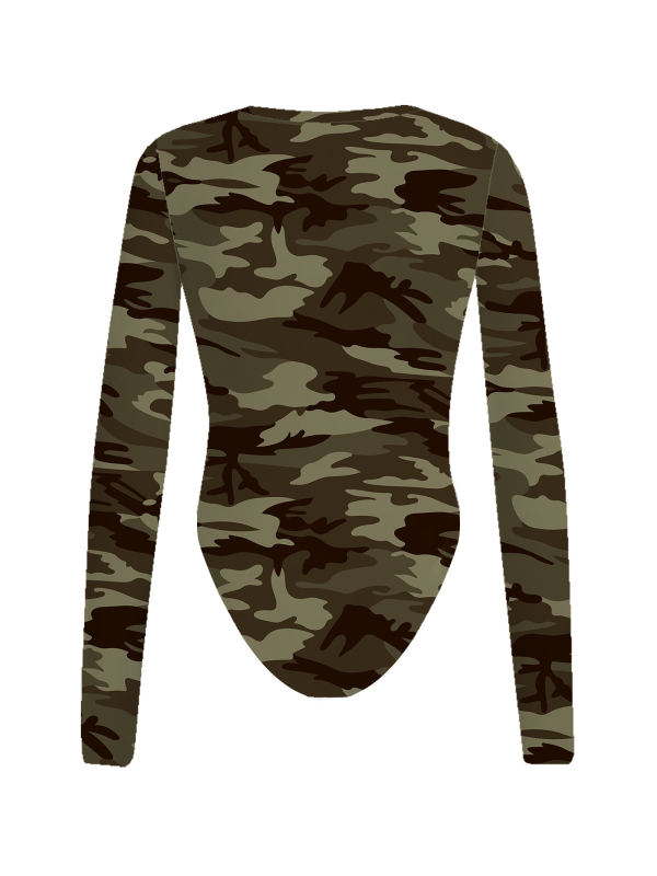 Slim-Fit T-shirt με μακριά μανίκια, στρογγυλή λαιμόκοψη, καμουφλάζ εκτύπωση, ευρω-αμερικανικό street style