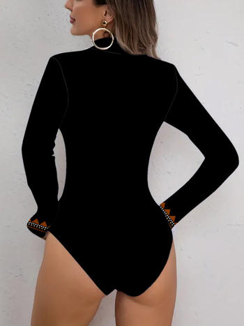 Ολόσωμο με εκτύπωση φύλλων, μακριά μανίκια, ψηλή λαιμόκοψη, στενή εφαρμογή, ευρωπαϊκό και αμερικανικό στυλ