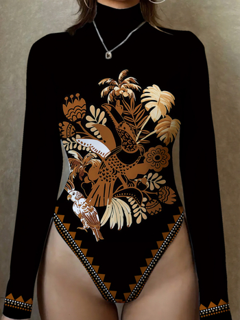 Ολόσωμο με εκτύπωση φύλλων, μακριά μανίκια, ψηλή λαιμόκοψη, στενή εφαρμογή, ευρωπαϊκό και αμερικανικό στυλ