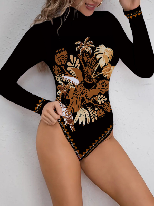 Ολόσωμο με εκτύπωση φύλλων, μακριά μανίκια, ψηλή λαιμόκοψη, στενή εφαρμογή, ευρωπαϊκό και αμερικανικό στυλ