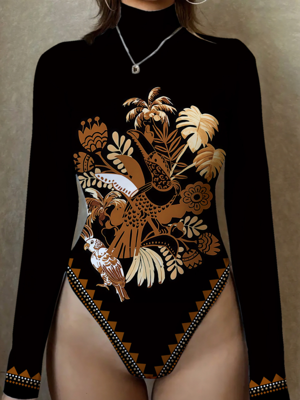 Ολόσωμο με εκτύπωση φύλλων, μακριά μανίκια, ψηλή λαιμόκοψη, στενή εφαρμογή, ευρωπαϊκό και αμερικανικό στυλ