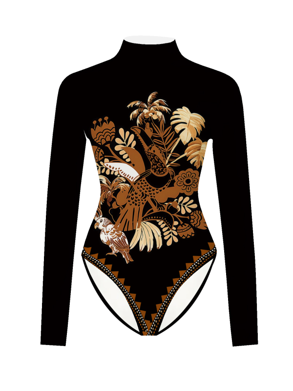 Ολόσωμο με εκτύπωση φύλλων, μακριά μανίκια, ψηλή λαιμόκοψη, στενή εφαρμογή, ευρωπαϊκό και αμερικανικό στυλ