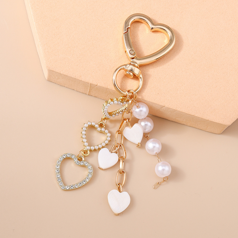 Pērļu sirds atslēgu gredzens ar rhinestones, mugursomas kulons, cinka sakausējums