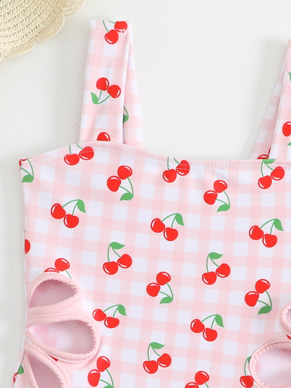 Meitenes peldkostīms – raksts: režģis, salauzti ziedi, svaigs stils; audums: 95% poliesters; pildījums: 5% spandex; svars: 150 g; piemērots peldēšanai.