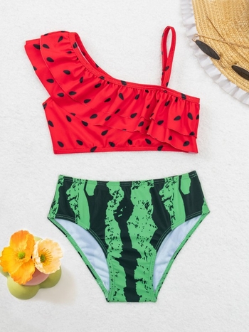 Meitenēm paredzēti divdaļīgi peldkostīmi ar arbūza apdruku, augsta elastība, 82% poliesteri, 18% spandekss, vecuma grupa 4-12