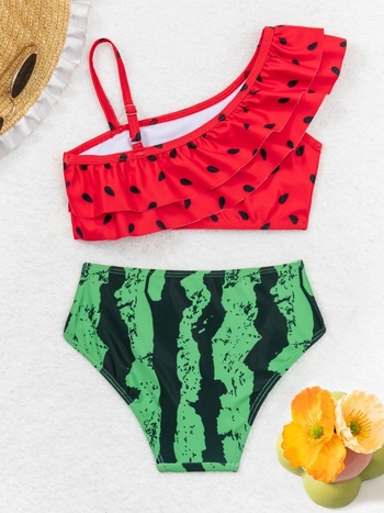 Παιδικό μαγιό δύο τεμαχίων για κορίτσια με εκτύπωση καρπουζιού, υψηλή ελαστικότητα, ύφασμα πολυεστέρα/σπάντεξ 82%/18%, ηλικίες 4-12