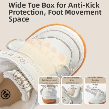 Zīdaiņu ziemas kurpes staigāšanai – augšējais materiāls mikrofibra āda, iekšējā odere vilna, Velcro aizdare, vecums 12–48 mēneši, pretslīdes, siltas, izturīgas.