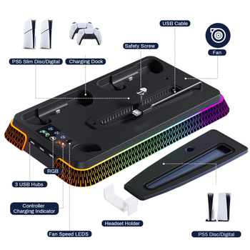 PS5 πολυλειτουργική βάση ψύξης με RGB, βάση φόρτισης για χειριστήρια, ABS υλικό, διασύνδεση Type-C, συμβατή με PS5/PS5 Slim/PS5 Pro