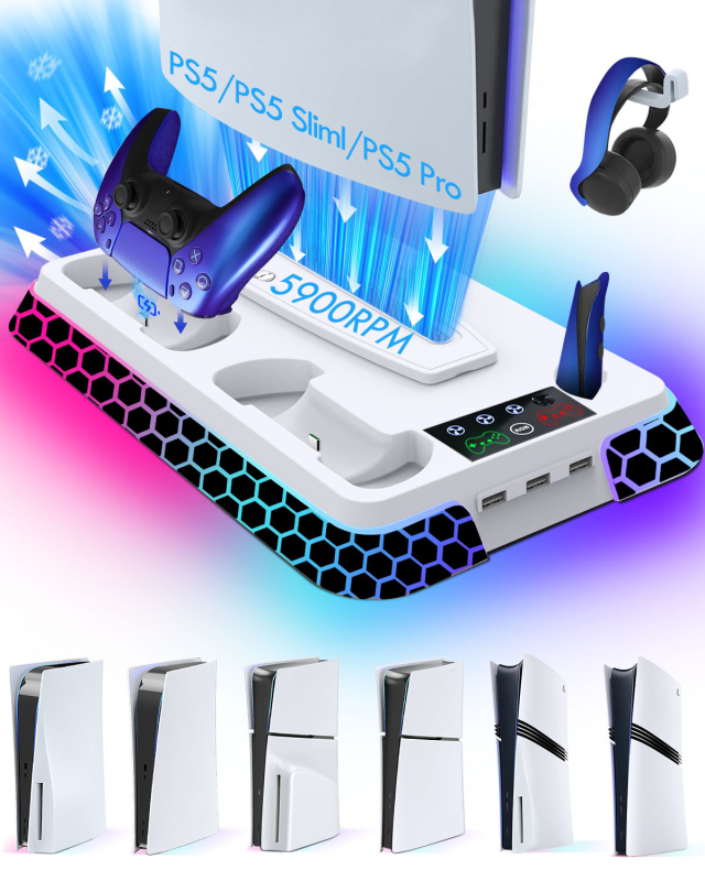 PS5 πολυλειτουργική βάση ψύξης με RGB, βάση φόρτισης για χειριστήρια, ABS υλικό, διασύνδεση Type-C, συμβατή με PS5/PS5 Slim/PS5 Pro