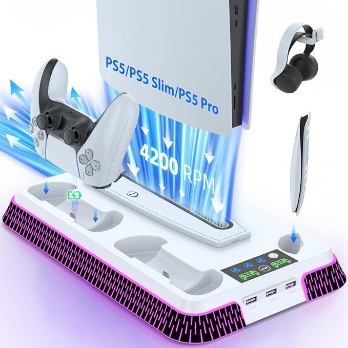PS5 πολυλειτουργική βάση ψύξης με RGB, βάση φόρτισης για χειριστήρια, ABS υλικό, διασύνδεση Type-C, συμβατή με PS5/PS5 Slim/PS5 Pro