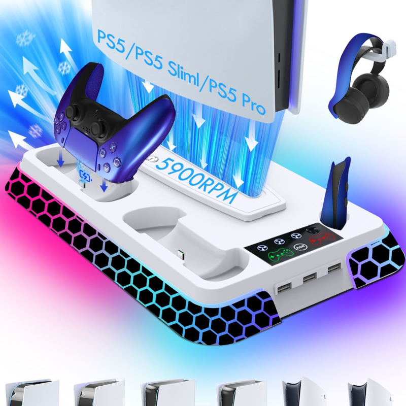 PS5 πολυλειτουργική βάση ψύξης με RGB, βάση φόρτισης για χειριστήρια, ABS υλικό, διασύνδεση Type-C, συμβατή με PS5/PS5 Slim/PS5 Pro