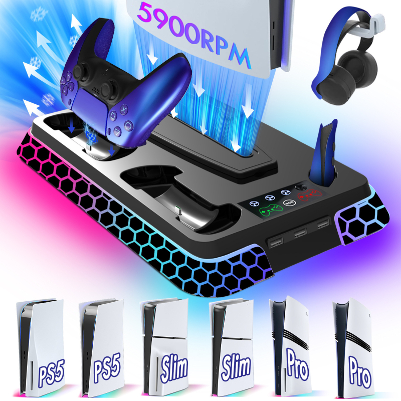 PS5 πολυλειτουργική βάση ψύξης με RGB, βάση φόρτισης για χειριστήρια, ABS υλικό, διασύνδεση Type-C, συμβατή με PS5/PS5 Slim/PS5 Pro