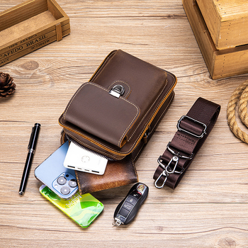 Ανδρικό τσαντάκι μέσης από γνήσιο δέρμα, ανθεκτικό στη φθορά, μονόχρωμο, επένδυση πολυεστέρα