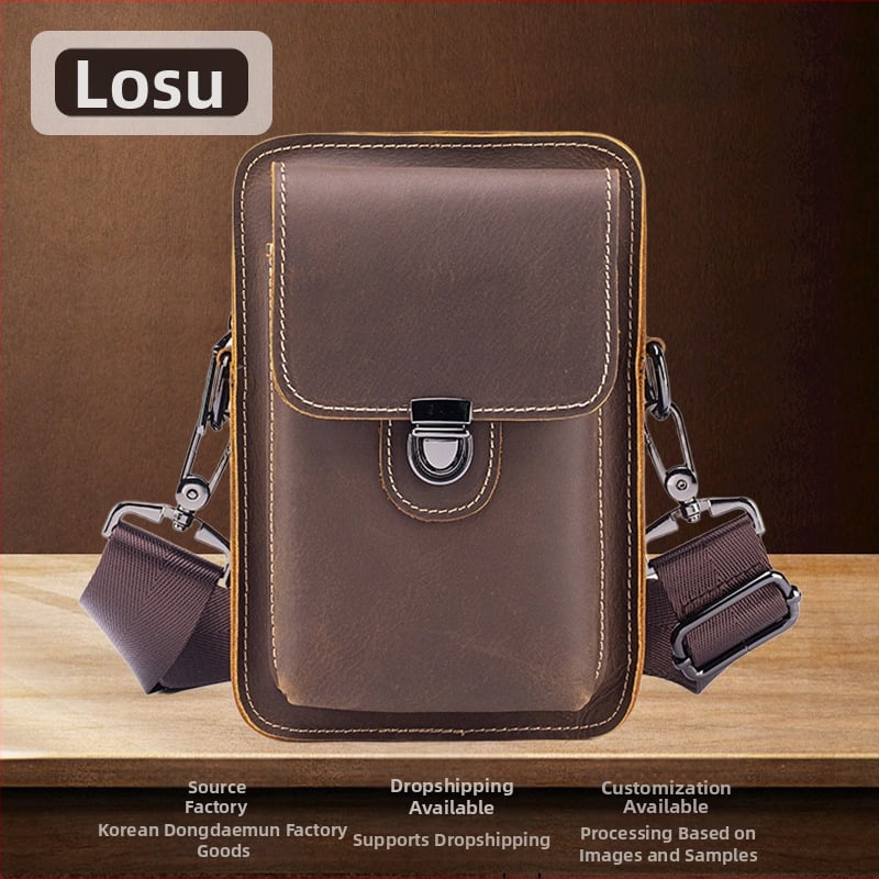 Мъжка поясна чанта от естествена кожа, издръжлива на износване, едноцветна, подплата полиестер