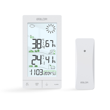 Baldr stație meteorologică wireless cu ecran tactil, pentru interior și exterior, ecran mare, ceas cu radio-control și iluminare de fundal; măsoară temperatura și umiditatea cu precizie ±1°C/±1% RH; alimentare cu 3×AAA.