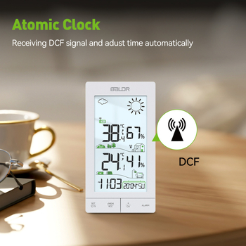 Baldr stație meteorologică wireless cu ecran tactil, pentru interior și exterior, ecran mare, ceas cu radio-control și iluminare de fundal; măsoară temperatura și umiditatea cu precizie ±1°C/±1% RH; alimentare cu 3×AAA.