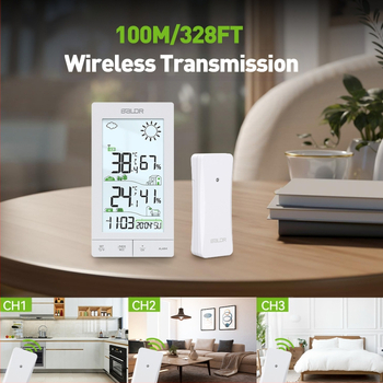 Baldr stație meteorologică wireless cu ecran tactil, pentru interior și exterior, ecran mare, ceas cu radio-control și iluminare de fundal; măsoară temperatura și umiditatea cu precizie ±1°C/±1% RH; alimentare cu 3×AAA.