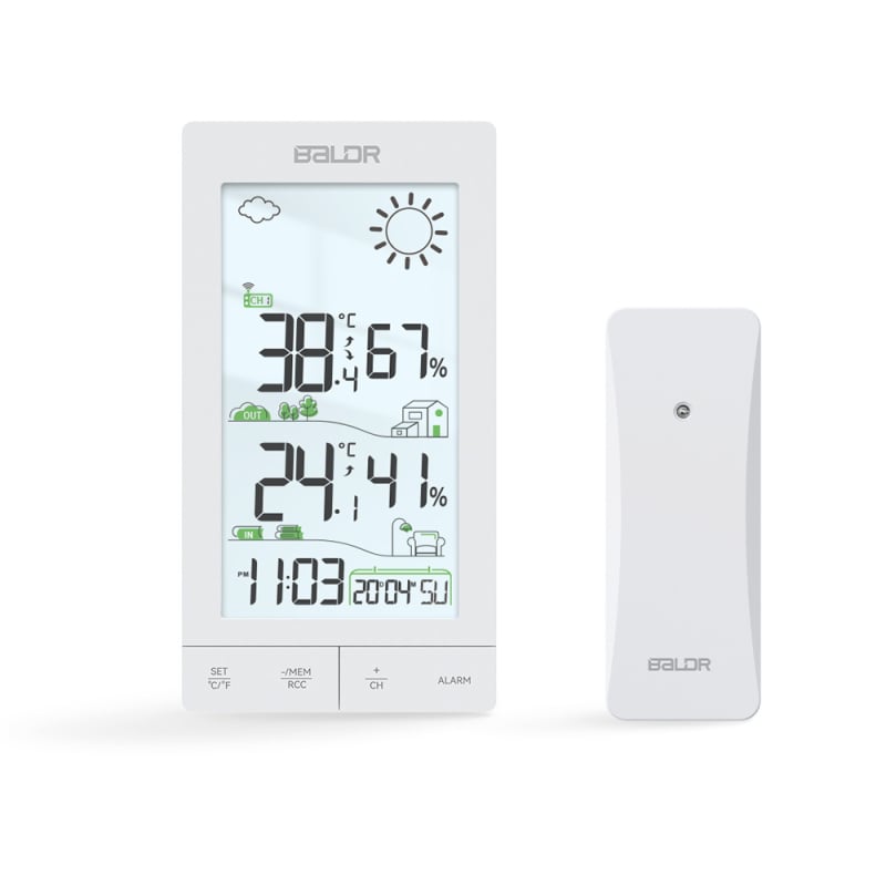Baldr stație meteorologică wireless cu ecran tactil, pentru interior și exterior, ecran mare, ceas cu radio-control și iluminare de fundal; măsoară temperatura și umiditatea cu precizie ±1°C/±1% RH; alimentare cu 3×AAA.