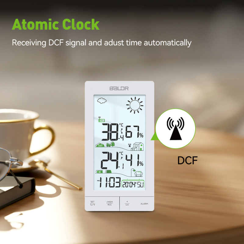 Baldr stație meteorologică wireless cu ecran tactil, pentru interior și exterior, ecran mare, ceas cu radio-control și iluminare de fundal; măsoară temperatura și umiditatea cu precizie ±1°C/±1% RH; alimentare cu 3×AAA.