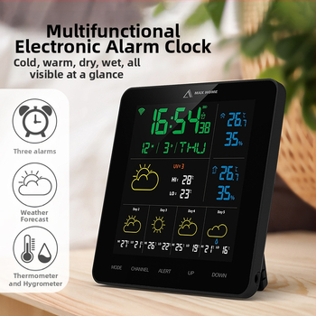 MAXHOME будилник с WiFi метеорологична станция, термометър и влажност, дисплей на фазите на луната, VA LED дисплей