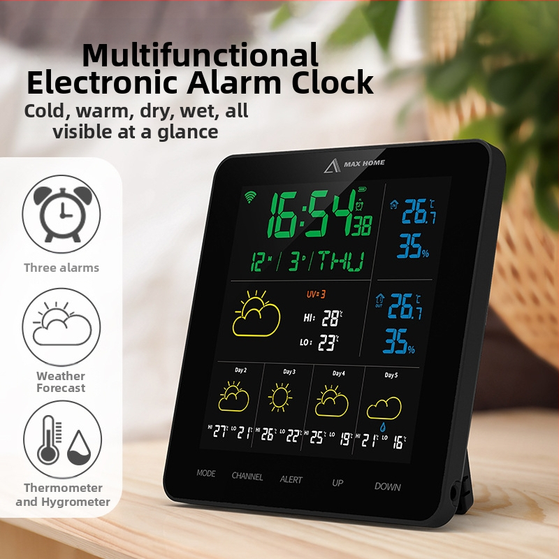 MAXHOME будилник с WiFi метеорологична станция, термометър и влажност, дисплей на фазите на луната, VA LED дисплей
