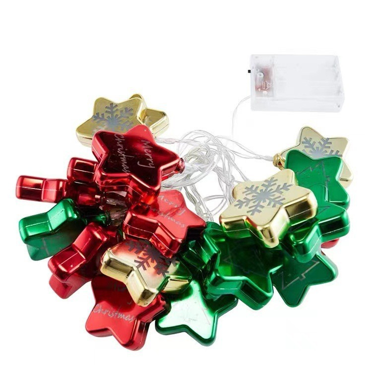 Ziemassvētku LED gaismu virtene ar spoguļzvaigznēm (barošanas ar bateriju kastīti; ieejamais spriegums līdz 36V; IP43 aizsardzība; plastmasas korpuss; modelis: Ziemassvētku zvaigznes)
