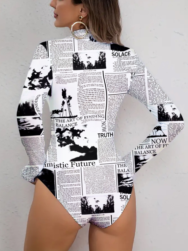 Garām piedurknēm bodijs ar burtiem drukājumā, augsta apkakle, šaurs griezums, Eiropas–Amerikas pilsētas stils (GG009)