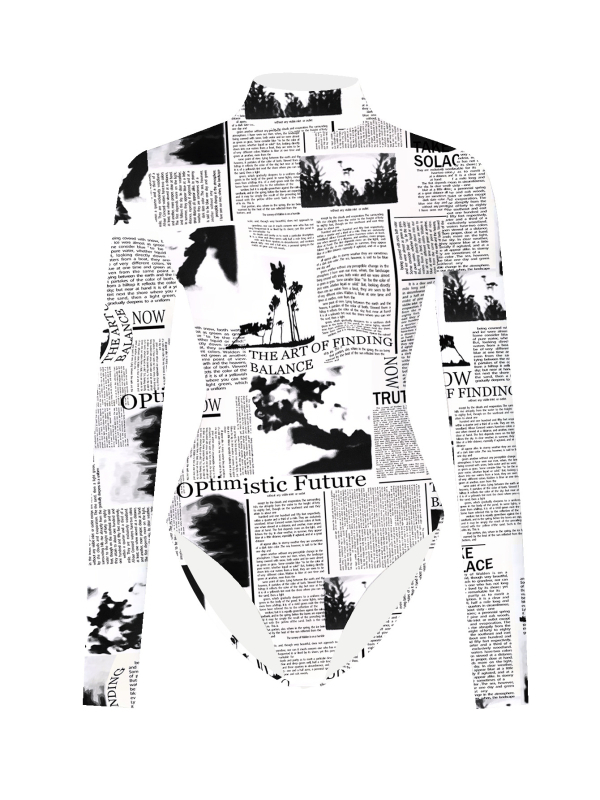 Garām piedurknēm bodijs ar burtiem drukājumā, augsta apkakle, šaurs griezums, Eiropas–Amerikas pilsētas stils (GG009)