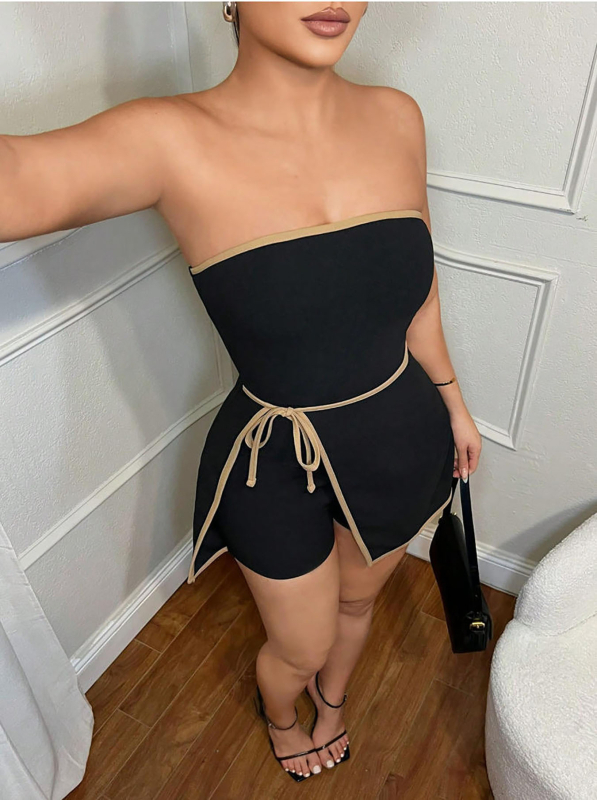 Moterų kombinezonas be rankovių, aukštas juosmuo, trių ketvirčių kelnių ilgis, gatvės stiliaus, poliesteris (95%+), lengvas tempimas