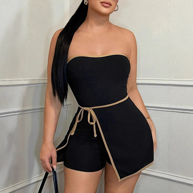 Sieviešu kombinezons bez piedurknēm ar augstu vidukli un tri ceturtdaļu garumu, pilsētas ielu stilā, poliesteris (95%+), neliela elastība