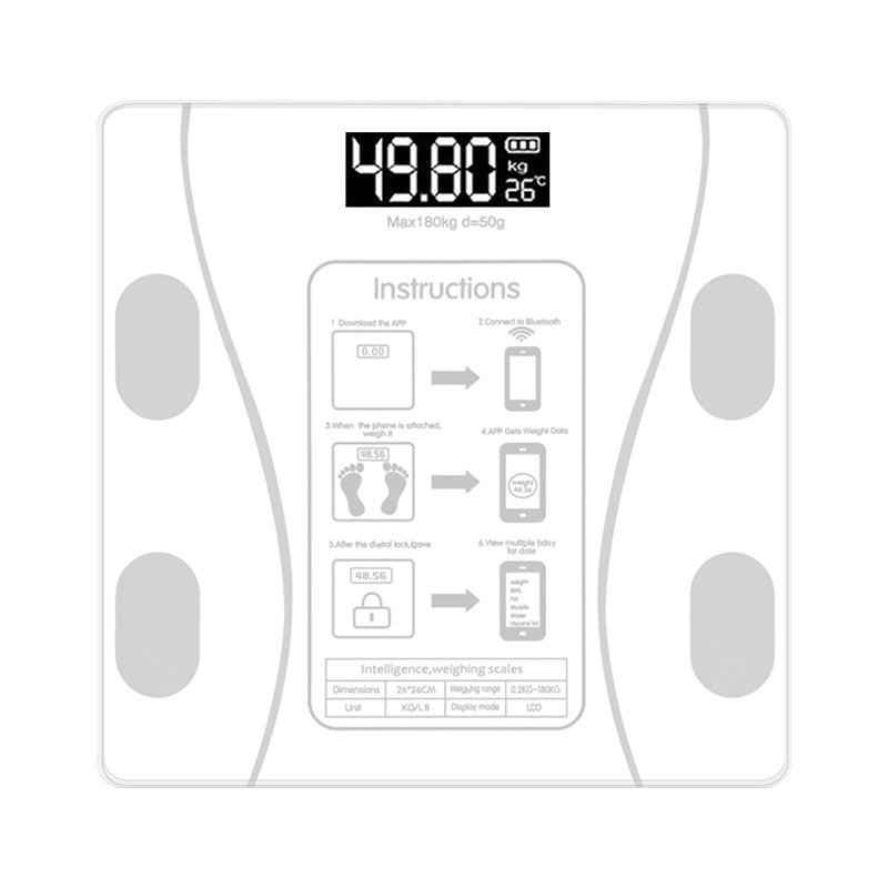 Digitālā svaru skala, mēra svaru, taukus, kalorijas un mitrumu, 180 kg maksimālā slodze, USB uzlāde vai 7 baterijas, CE/FCC sertificēta