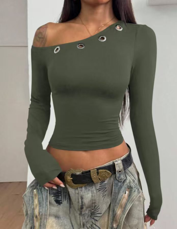 Slim-fit T-krekls no poliestera-spandexa, diagonāla kakla, garas piedurknes, patchwork detaļa, ielu-trendi stils.