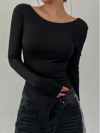 bodijs ar atvērtu muguru, garas piedurknes, poliesteris, šaurs griezums — japāņu un korejiešu ikdienas stils