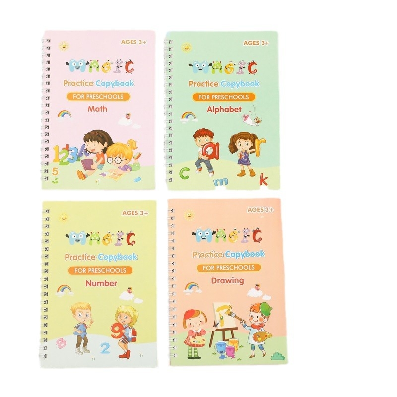 Guikang Dječja vježbenica za pisanje engleskog s izbrisivim magičnim stranicama, set od 4 knjiga + 1 držač olovke + 5 refill olovaka