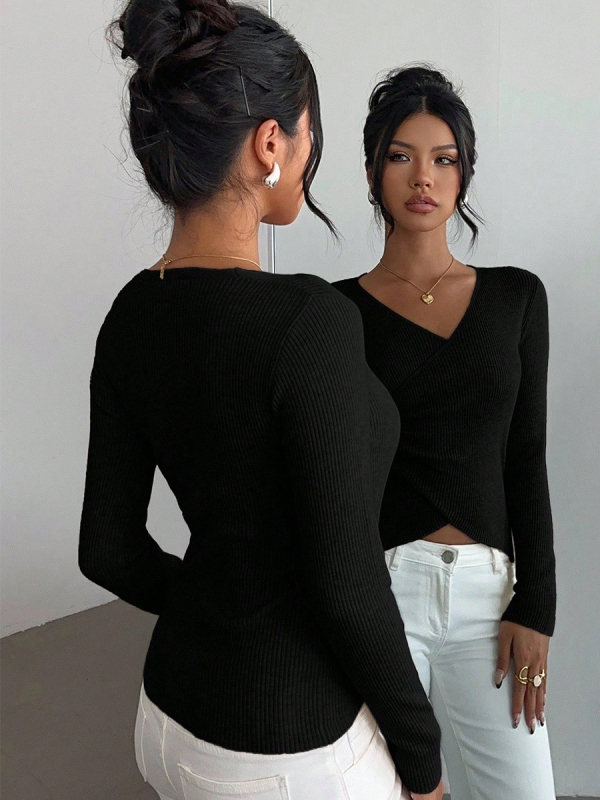 Sieviešu T-krekls ar garām piedurknēm un V kaklu, slaids piegriezums, vienkrāsains, poliestera-spandeksa audums