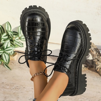 Γυναικείες Δερμάτινες Μοκασίνες με Στρογγυλό Δάκτυλο, PU Άνω, Καουτσούκ Σόλα, Κορδόνια, Μεσαίο Ύψος Τακουνιού 3–6 cm