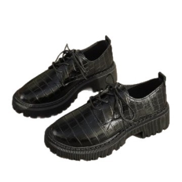 Sieviešu ādas mokasīni ar apaļu purnu, PU augšdaļa, gumijas zole, šņorēšana, vidējais papēdis 3–6 cm