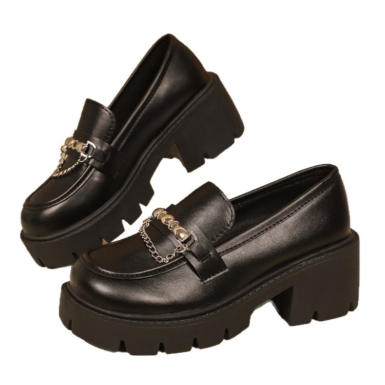 Loafers ar apļveida purnu, PU augšdaļa, gumijas zole, Slip-On, vidējais papēdis 3–6 cm