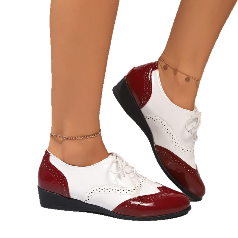 Sieviešu blokveida rakstu platās kurpes, PU augšdaļa ar lakoto izskatu, apaļa purns, aukla priekšā, zems masīvs papēdis