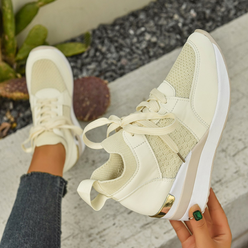 Sieviešu ikdienas kurpes ar šņorēm, apaļa purngala, Fly Knit augšdaļa, PU zole, klinveida papēdis 4–6 cm