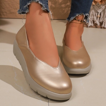 Sieviešu ikdienas PU apavi, bez šņorēm, apaļa purngala, klinveida papēdis 3–5 cm, sekla atvere