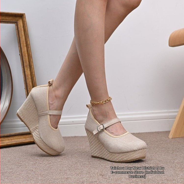 Дамски платнени обувки с нисък ток и катарама, гумена подметка, ток 0-3 cm, пролетен сезон