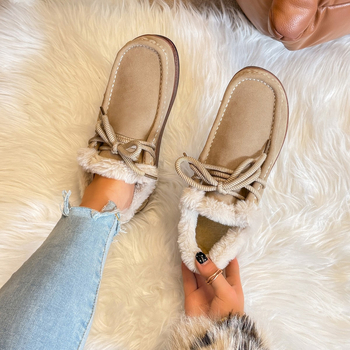 Unisex ζεστά loafers με συνθετικό δέρμα στην επάνω επιφάνεια, επένδυση από ψεύτικη γούνα, χαμηλό ύψος, στρογγυλή μύτη, καουτσούκ σόλα