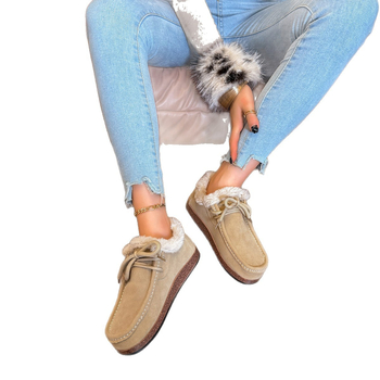Unisex ζεστά loafers με συνθετικό δέρμα στην επάνω επιφάνεια, επένδυση από ψεύτικη γούνα, χαμηλό ύψος, στρογγυλή μύτη, καουτσούκ σόλα