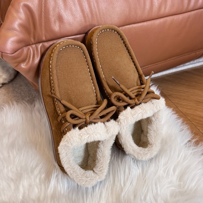 Unisex ζεστά loafers με συνθετικό δέρμα στην επάνω επιφάνεια, επένδυση από ψεύτικη γούνα, χαμηλό ύψος, στρογγυλή μύτη, καουτσούκ σόλα