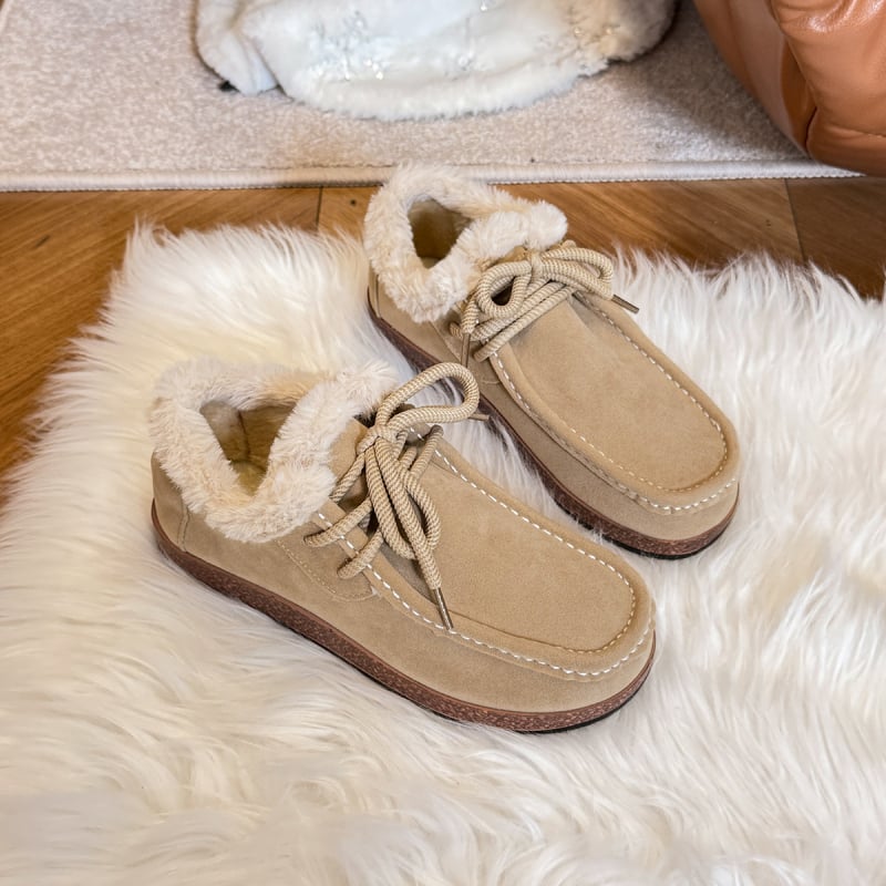 Unisex ζεστά loafers με συνθετικό δέρμα στην επάνω επιφάνεια, επένδυση από ψεύτικη γούνα, χαμηλό ύψος, στρογγυλή μύτη, καουτσούκ σόλα