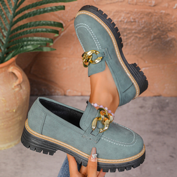 Sieviešu loaferi: apaļš purns, PU augšdaļa, slip-on, vidēja augstuma papēdis 3-5 cm, bieza zole