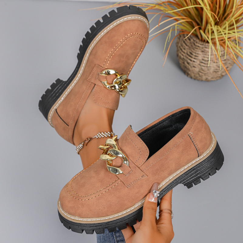 Sieviešu loaferi: apaļš purns, PU augšdaļa, slip-on, vidēja augstuma papēdis 3-5 cm, bieza zole