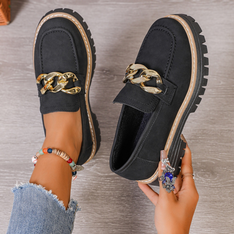 Sieviešu loaferi: apaļš purns, PU augšdaļa, slip-on, vidēja augstuma papēdis 3-5 cm, bieza zole