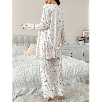 Σετ πιτζάμες εγκυμοσύνης με φλοράλ εκτύπωση, μακριά μανίκια, τρία τεμάχια, οικιακή ενδυμασία σε ευρωπαϊκό-αμερικανικό στυλ